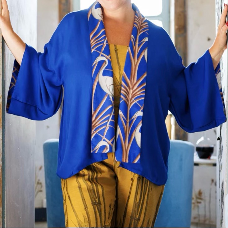 Blue Kimono Cardigan With Heron Design